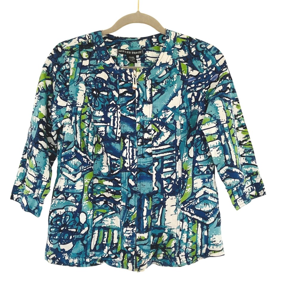 MIRROR IMAGE women's art floral print jacket linen cotton blue zip retro small